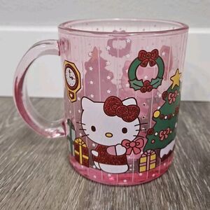 Hello Kitty Sanrio Chrismas Holiday Mug Cup  Clear Iridescent Pink Glitter